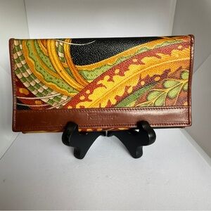 Vintage Ferragamo 223088 Botanical Print Leather Continental Wallet Italy
